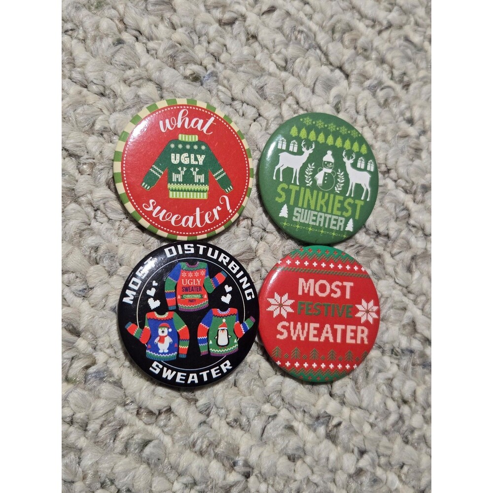 Ugly Sweater Award Pins Christmas Novelty Pinback Button set of 4